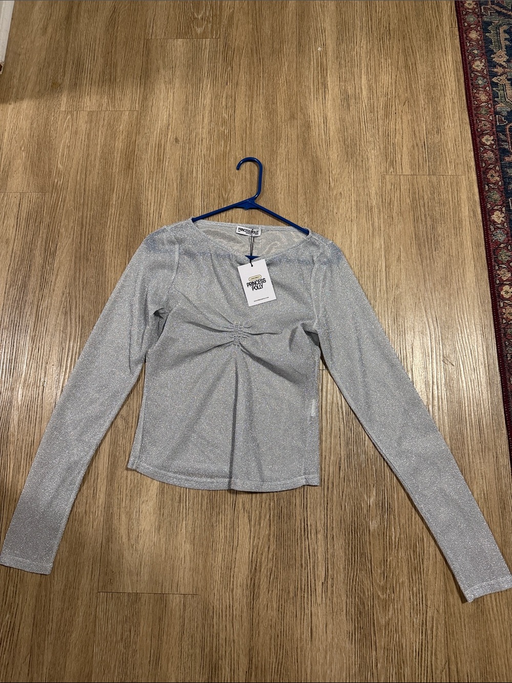 Princess Polly Silver Long Sleeve Twist-Front Shimmer Top size 8